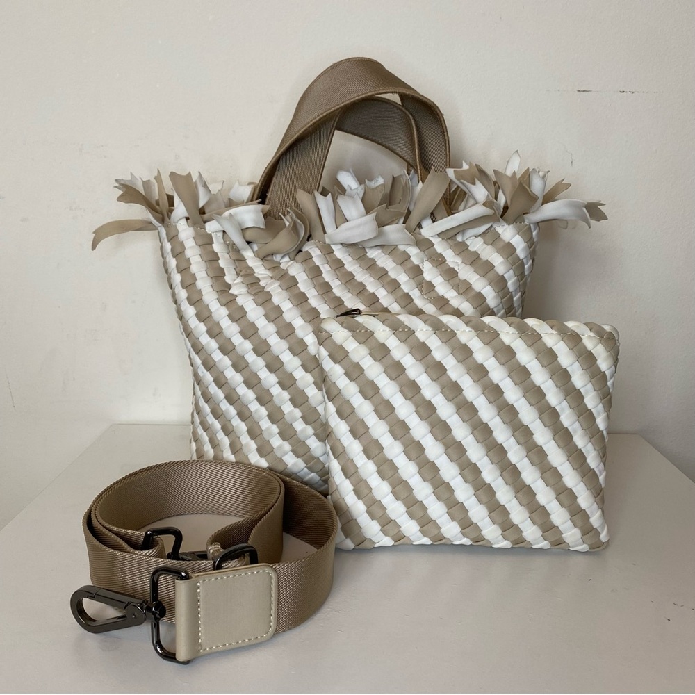 NAGHEDI Havana Small Woven Neoprene Tote Fringe Crossbody Striped Almaza Tan - Picture 3 of 15